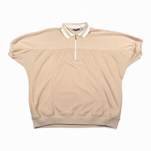 Vintage Expressions Polo Shirt Adult LARGE Brown Oatmeal Zip Neck White Trim 80s
